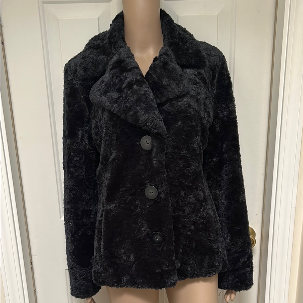 ESPRIT Faux Fur Black Jacket Coat Y2K 90s Vintage Sz Medium M